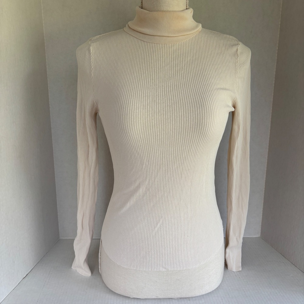 Zara Womens Cream Ribbed Knit Turtleneck Sweater Long Sleeve Viscose Blend Med‎